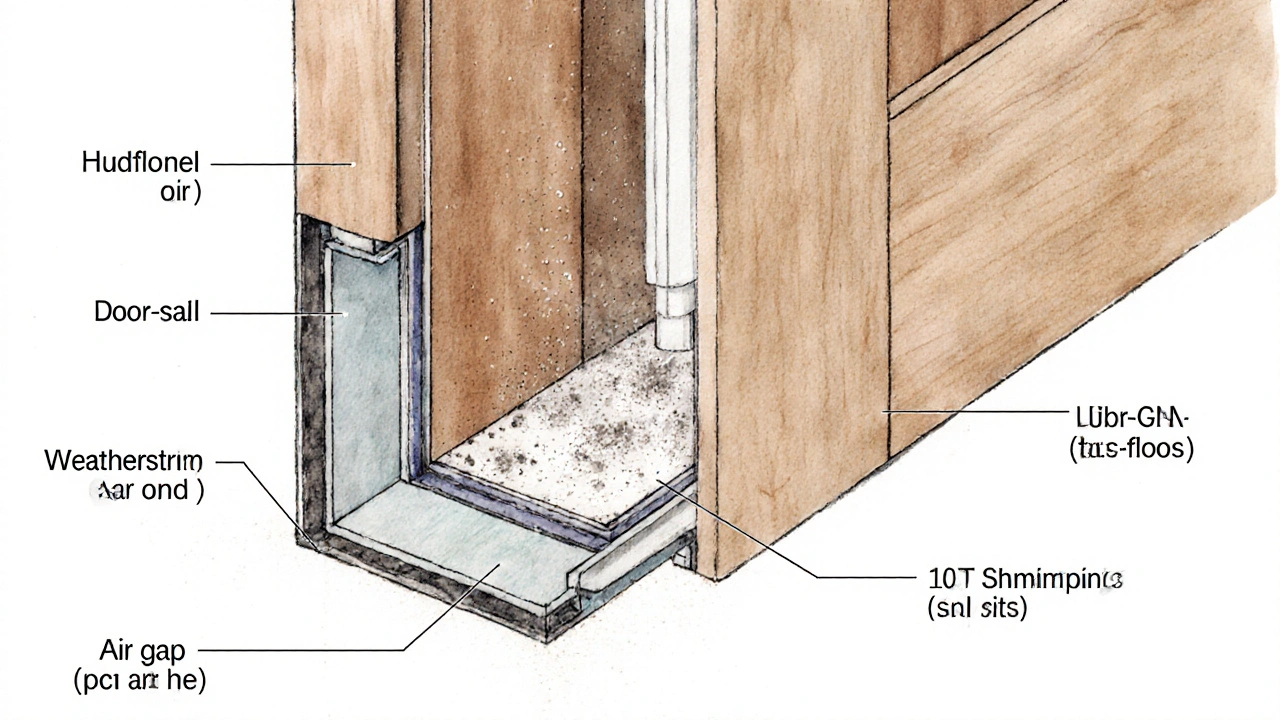 Průřez polodrážkových dveří s U-tvarovým výřezem v rámu a těsněním na horní a bočních stranách.