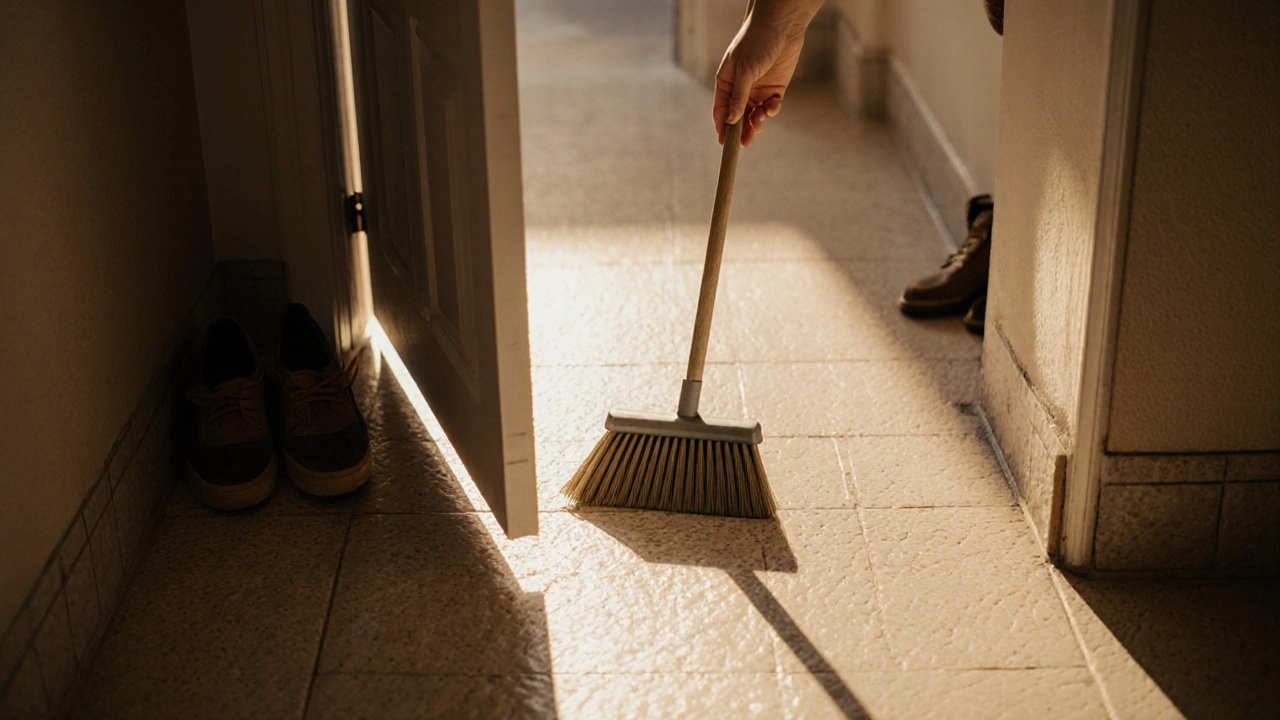 Ruka s metlou čistící pod polodrážkovými dveřmi, kde je vidět volný prostor nad podlahou.