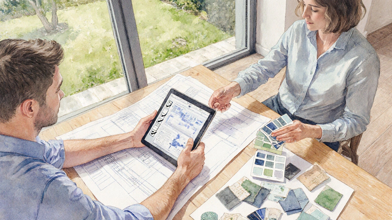 Architekt a interiérový designér diskutují u stolu s plány, vzorky materiálů a tabletem.