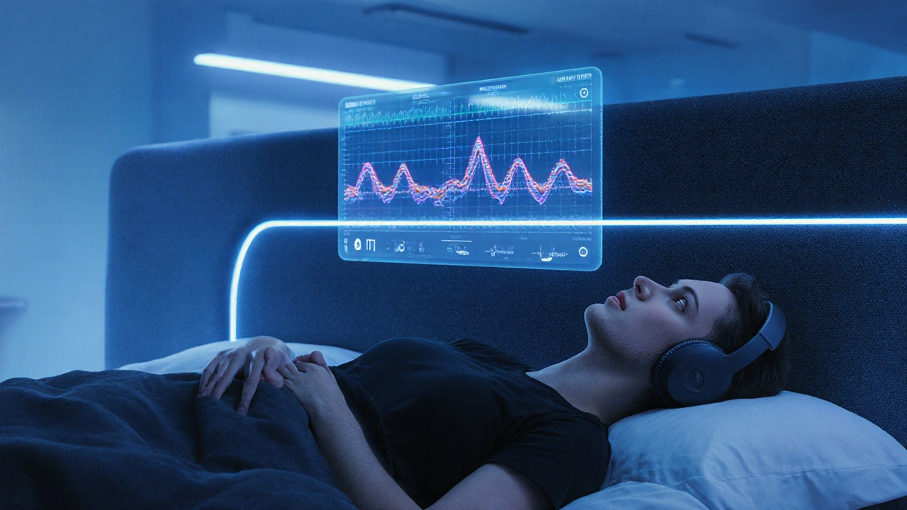 Budoucí ložnice s chytrým čalouněným čelem, vestavěnými reproduktory, mikrofonem a LED osvětlením.
