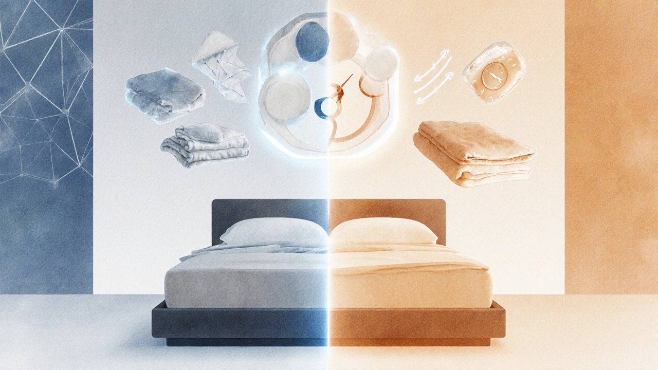 Conceptual watercolor bedroom split by temperature preferences, connected by a shared bed with glowing seam.