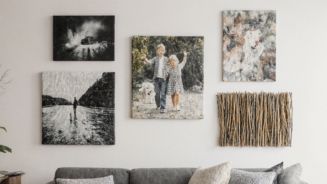 Eklektická galerie s různými rámy a motivy, včetně dětské kresby a fotografie, nad pohovkou.