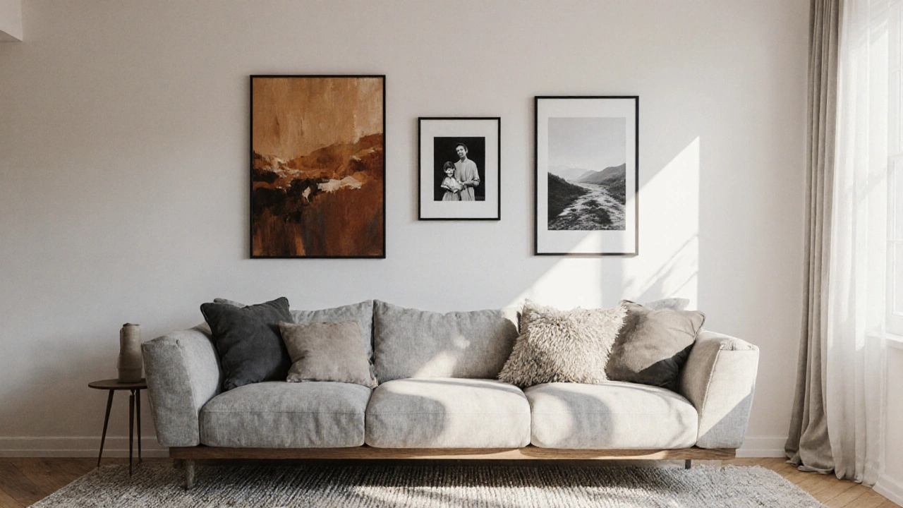 Galerie v obýváku: jak správně složit obrazy nad sedačkou