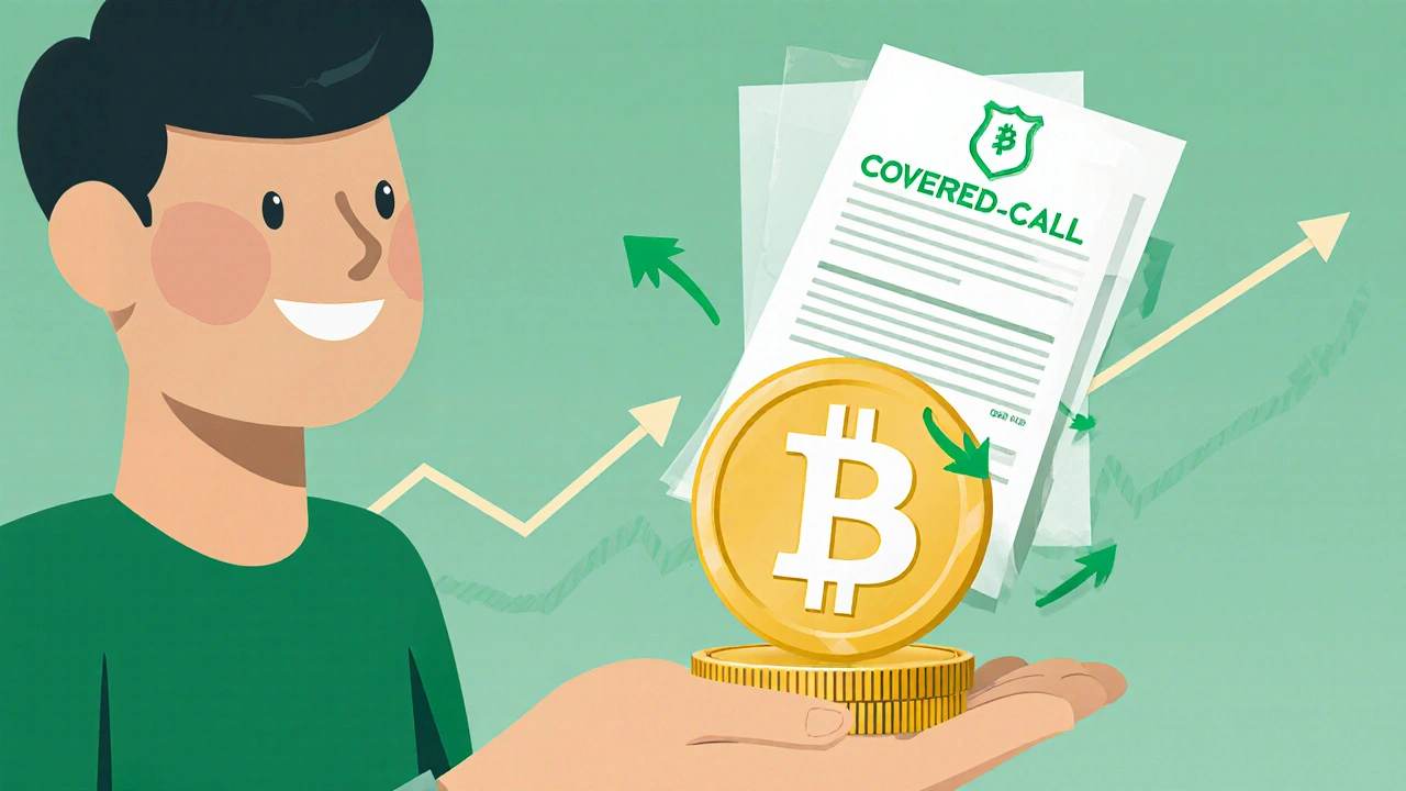 Grafické znázornění strategie covered call s drženým Bitcoinem a opční smlouvou.