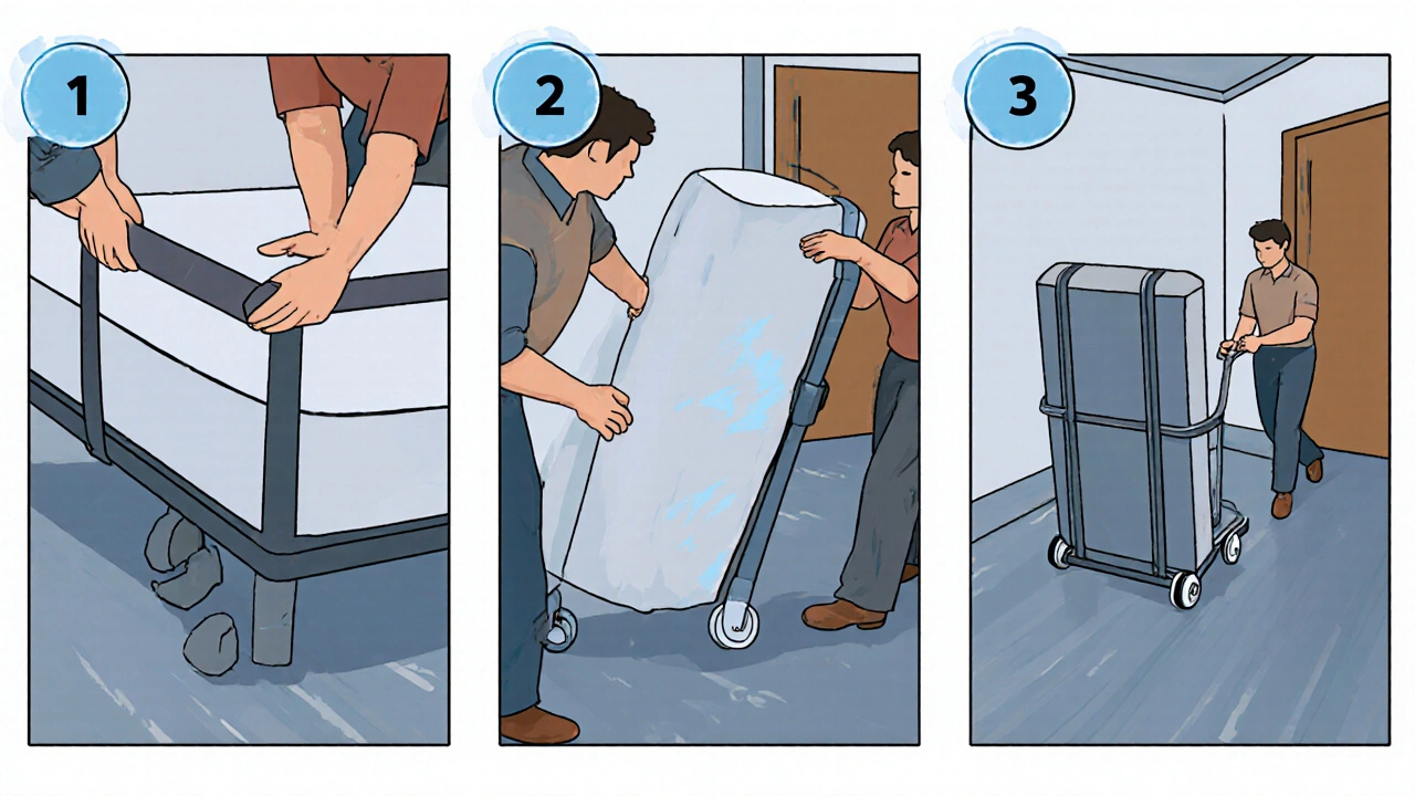 Ilustrace ukazuje, jak dva asistenti posunují matraci na vozíku a kontrolují rovnováhu.