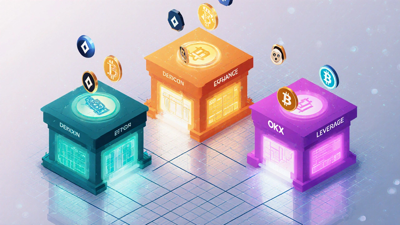 Isometrické futuristické budovy představující Deribit, Binance a OKX s kryptoměnami.