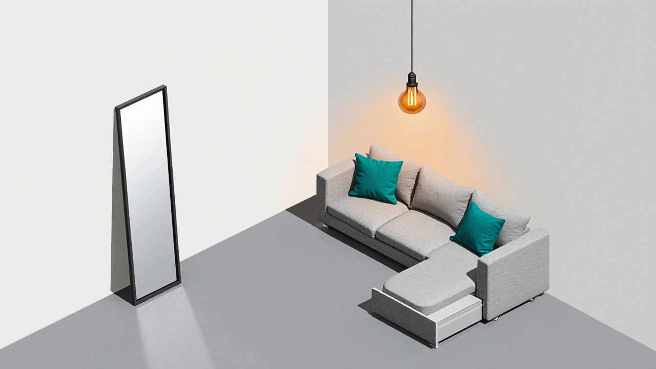 Moderní rohová sedačka, zrcadlo a závěsná lampa v minimalistickém interiéru.