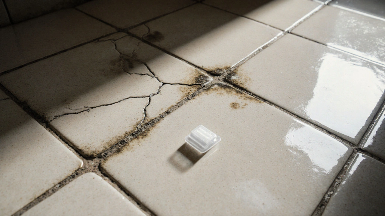 Poškozená spára s plísní a prasklinami mezi dlaždicemi v koupelně.