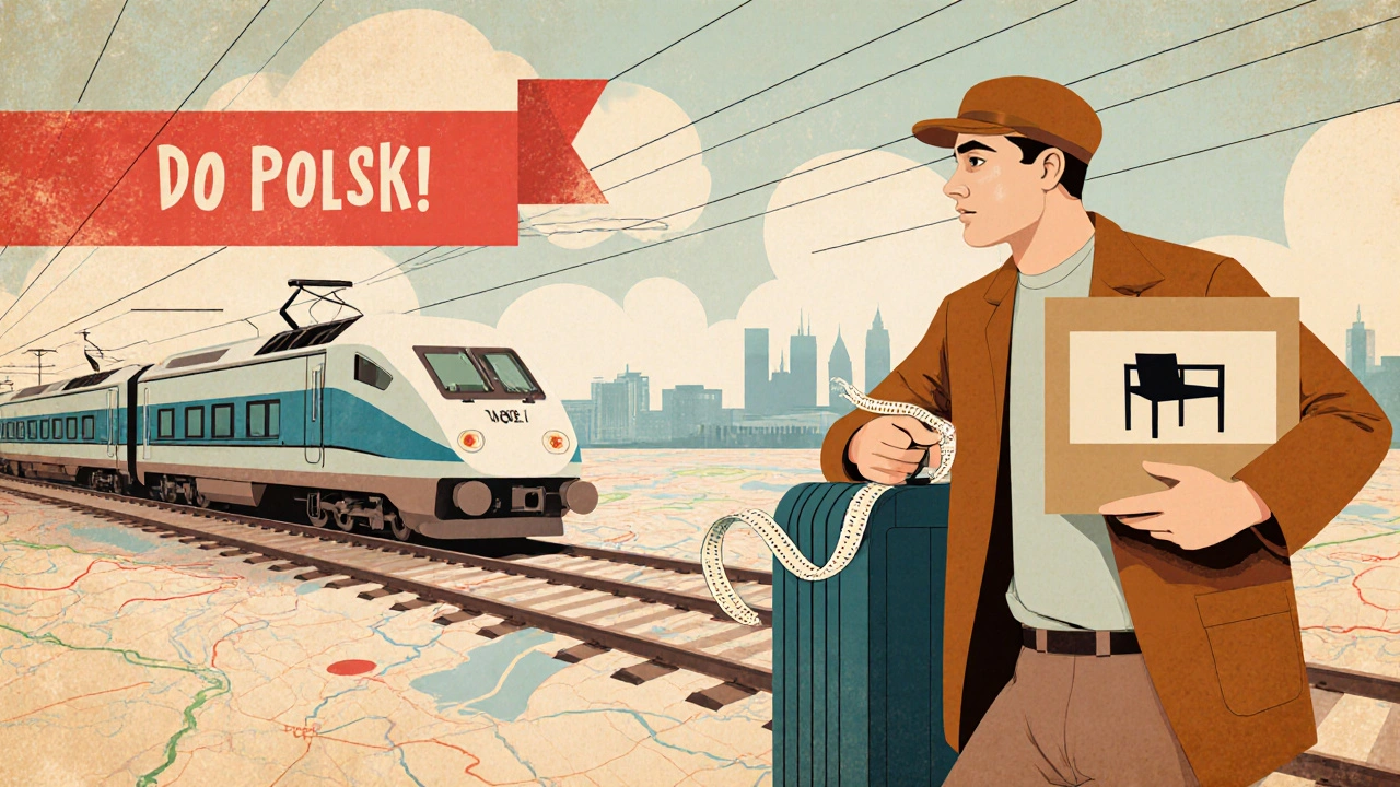 Retro plakát ukazující českého cestovatele na cestě do Polska s měřítkem a balíkem nábytku.