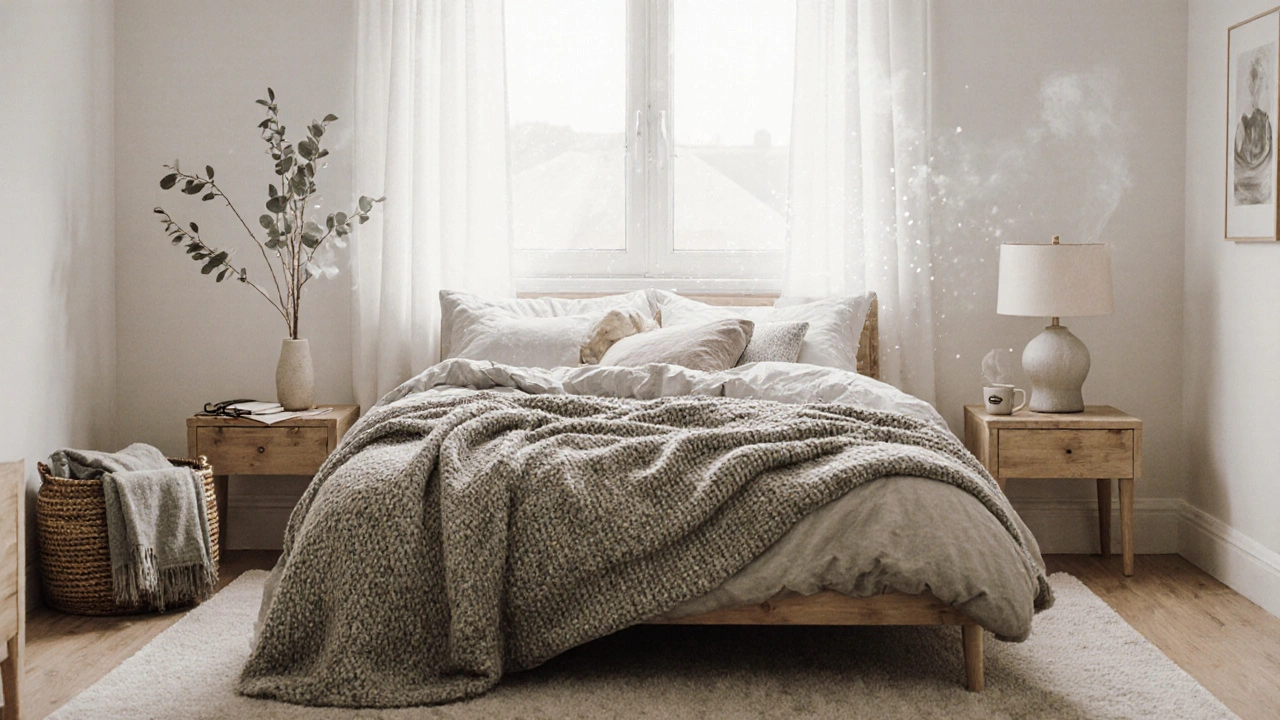 Scandinavian-style bedroom with light wood, wool blankets, and separate cozy corners for two people.