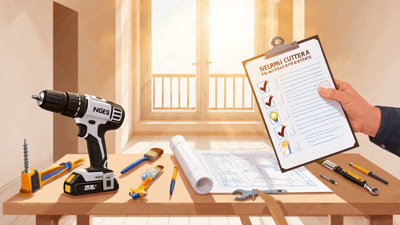 Stavební nářadí a kontrolní seznam na pracovním stolku připravené pro DIY opravu.