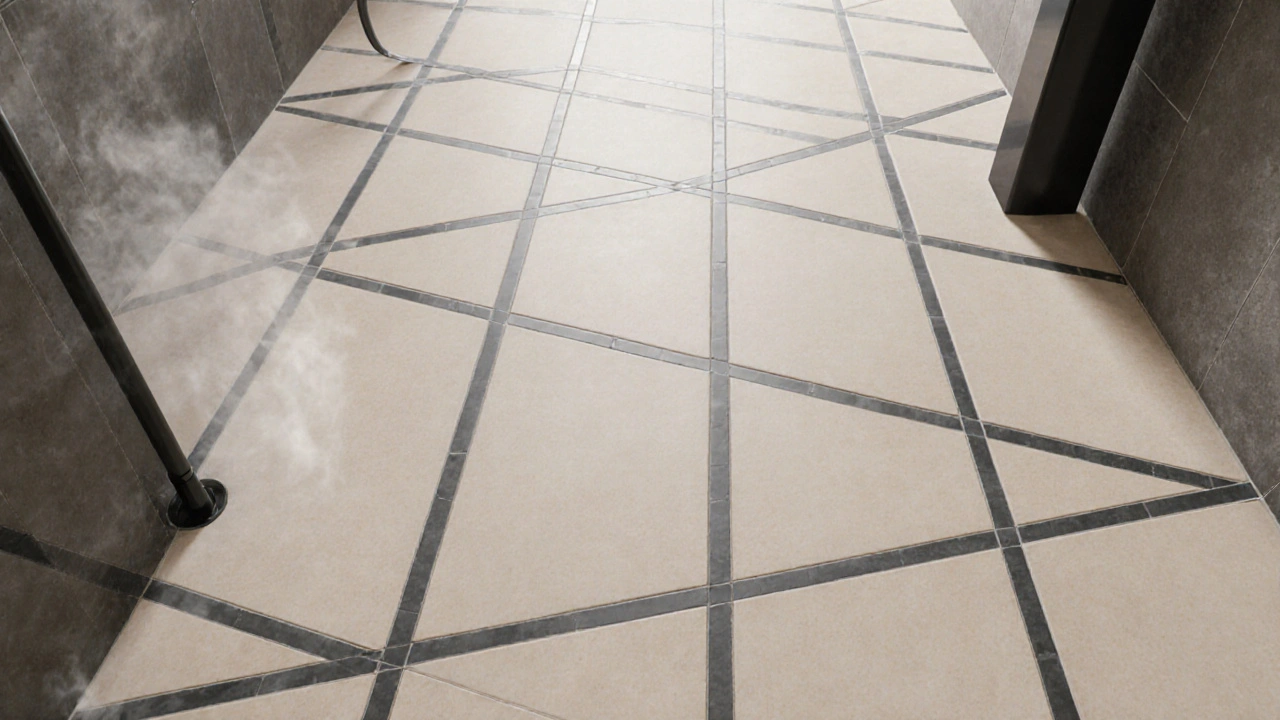 Světlé dlaždice s tmavě šedou spárou v moderní koupelně s výrazným kontrastem.