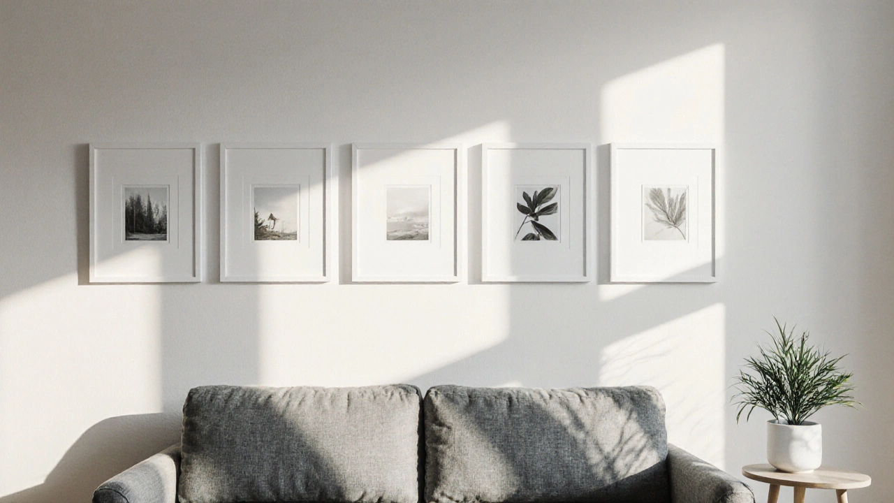 Uniformní řada bílých rámců s obrazy v čistém, minimalistickém stylu nad šedou pohovkou.