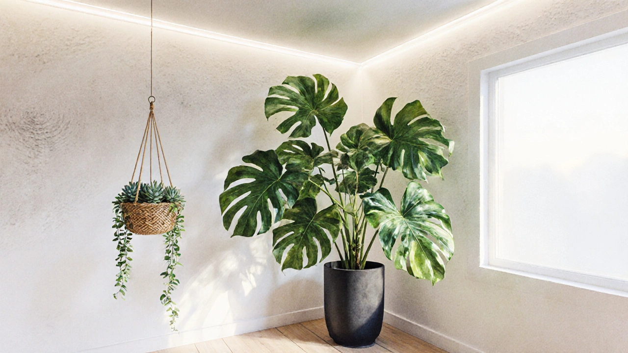 Velká Monstera v rohu místnosti s visícím košem a LED osvětlením.