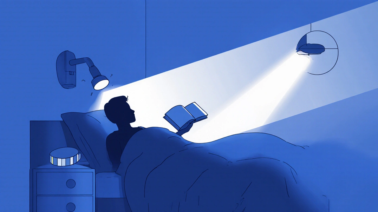 Abstraktní znázornění tří typů osvětlení v ložnici: směrové, ambientní a vypnuté stropní.
