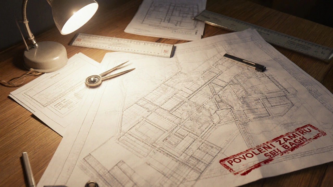 Architektonický plán na stole s oficiálním povolením, pravítko a kružítko vedle.
