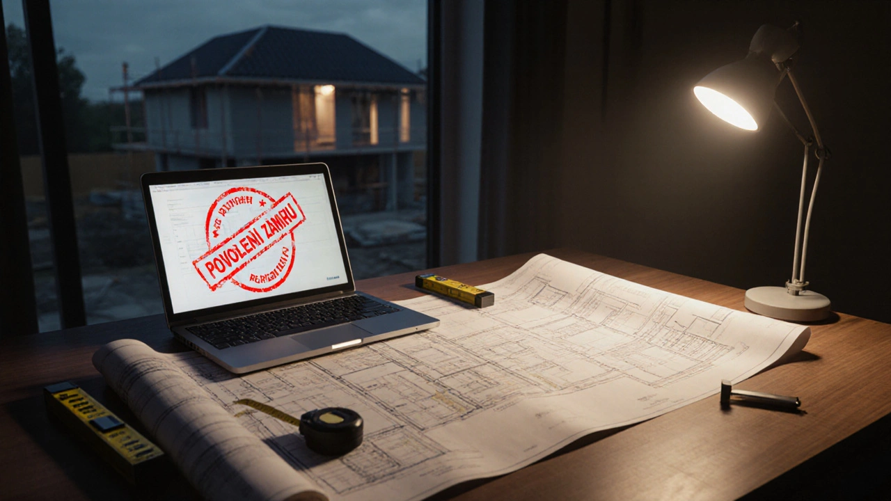Architektonický plán na stole s povolením záměru a stavebními nástroji v teplém osvětlení.
