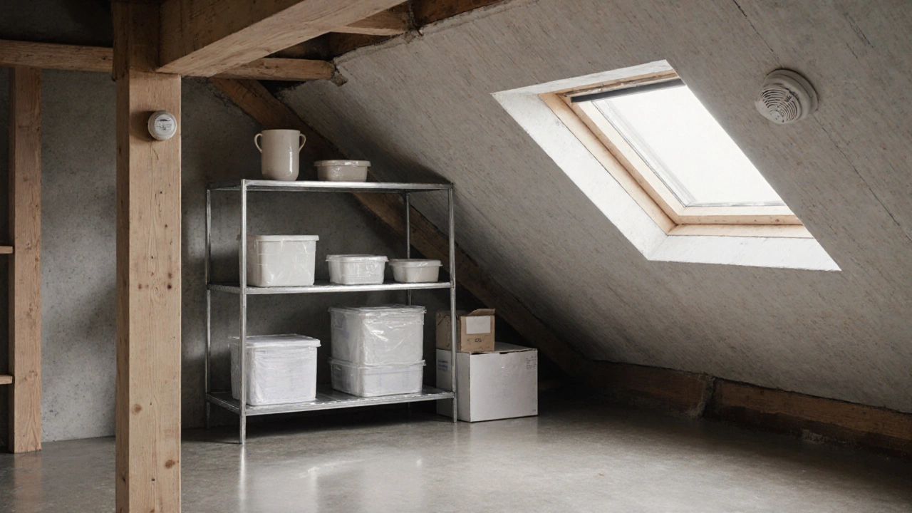 Bezpečné podkroví s kovovými regály, keramikou a detektorem kouře, osvětlené jemným denním světlem.
