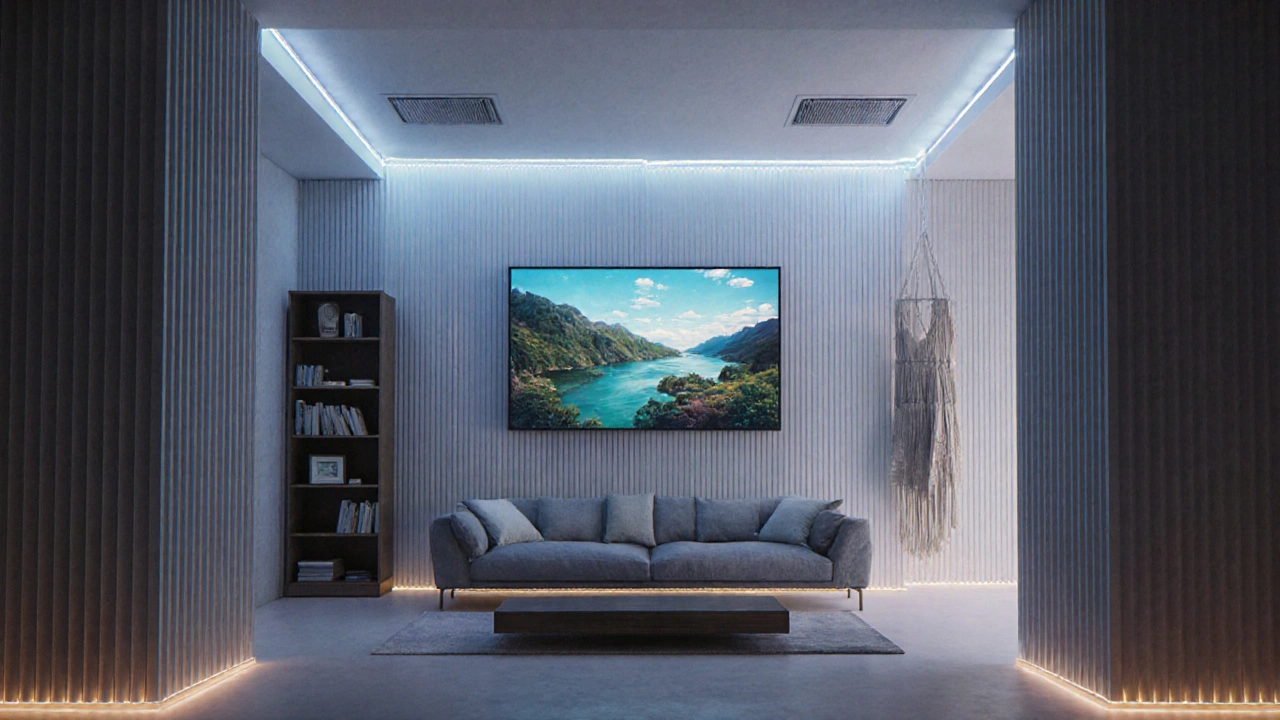 Budoucí byt s chytrým osvětlením, digitálním uměním a vertikálními prvky, které reagují na náladu.