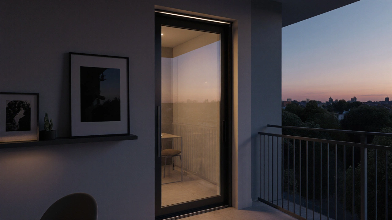 Celoskleněné posuvné dveře v mikrobytě, otevírající se do stěny, zvyšující dojem prostornosti.