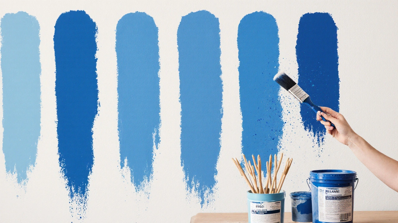 Detail pěti odstínů modré barvy s jemně rozmazanými hranicemi na stěně.