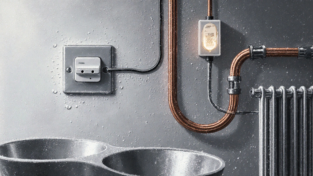 Detailní zobrazení ochranného pospojování kovových částí v koupelně s hliníkovými vodiči a proudovým chráničem.