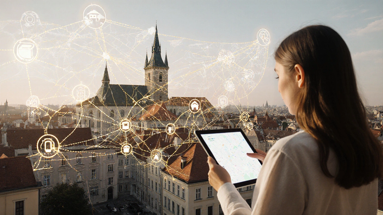 Digitální mapa historického města s označenými úpravami domů a tabletu, který propojuje tradici s moderní technologií.