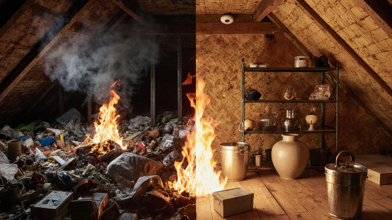 Dvě části podkroví: jedna hoří, druhá je bezpečně přizpůsobená s protipožárními deskami a kovovými regály.