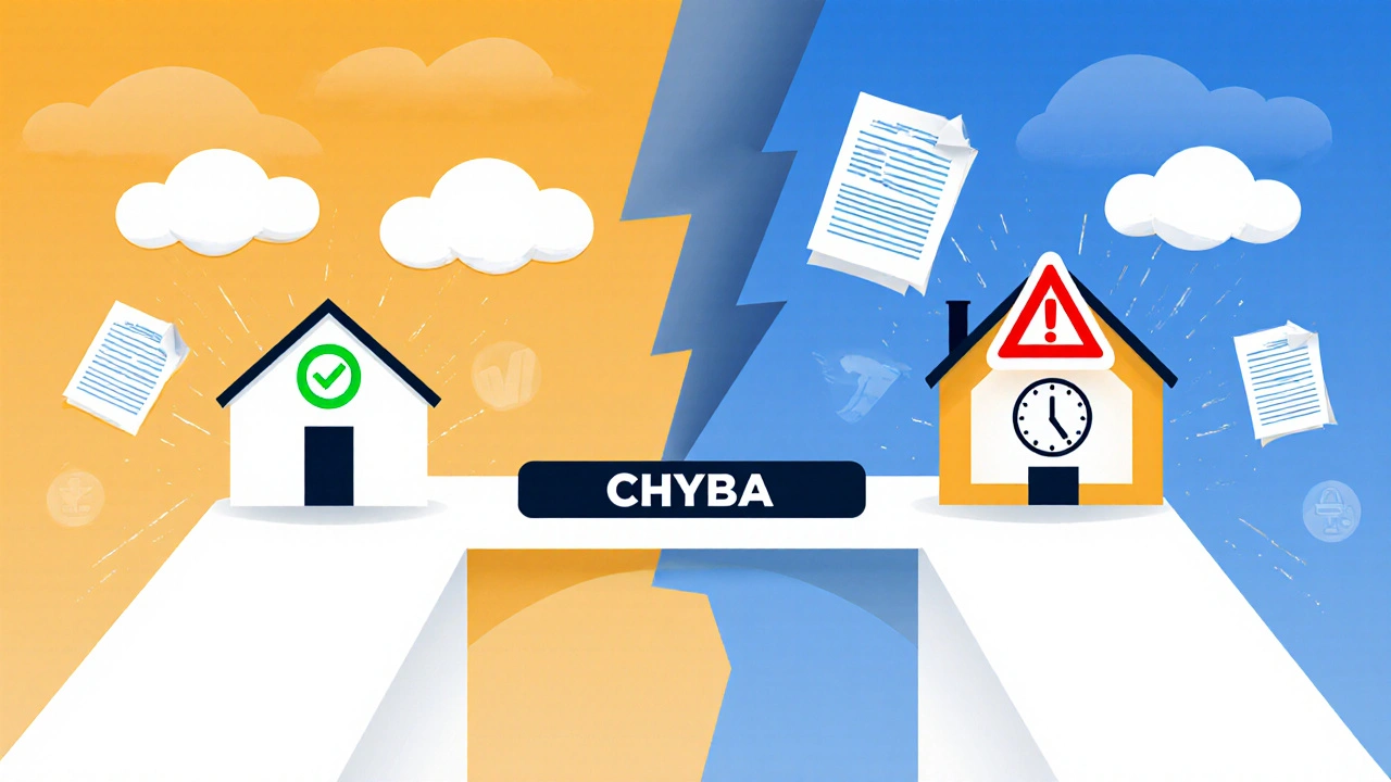 Dvě cesty stavby: rychlá s kontrolou a pomalá s povolením, symbolizované časem a varováními.