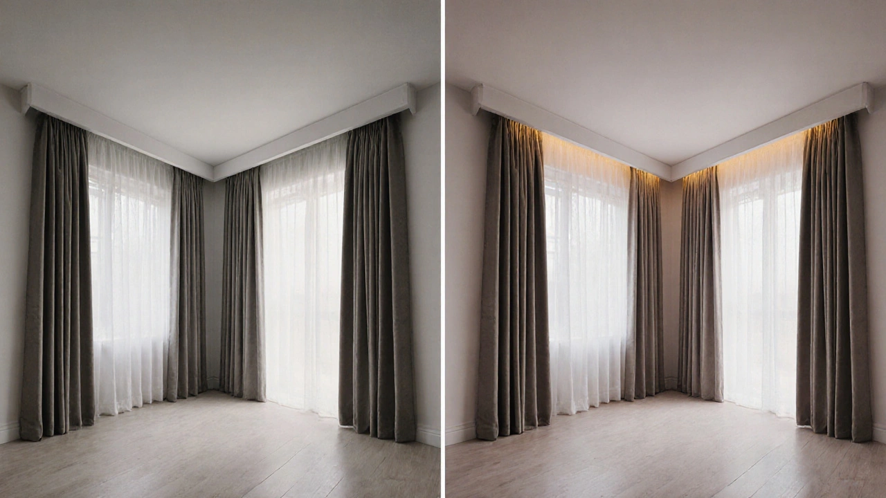 Dvě varianty závěsů vedle sebe: krátké na parapetu a dlouhé až k zemi, ukazující rozdíl v působení na výšku místnosti.
