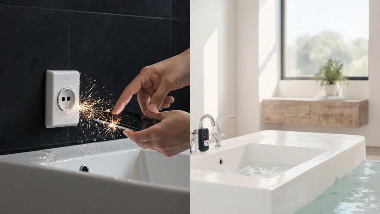 Kontrast mezi nebezpečnou a bezpečnou instalací zásuvky v koupelně při kontaktu s vodou.