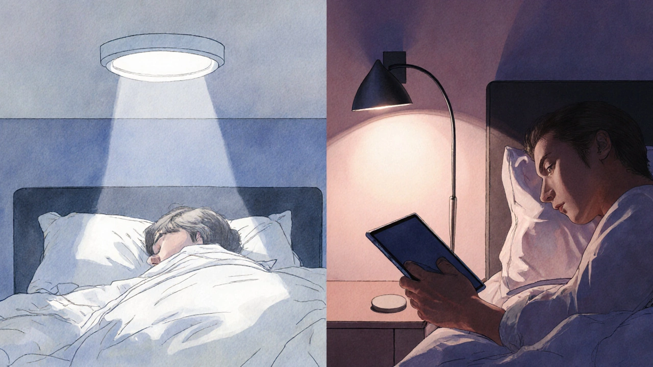 Kontrast mezi rušivým stropním světlem a klidným směrovým osvětlením pro čtení v posteli.