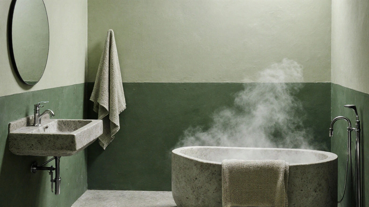 Koupelna v olivových a zelených odstínech s kamenem a textilními prvkami.