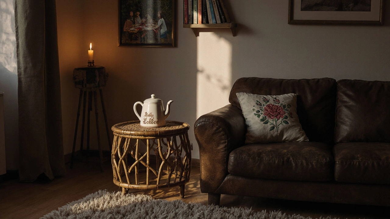 Kout obývacího pokoje s kávovou konvičkou, knihami a svíčkou, kde panuje klidná, osobní atmosféra.