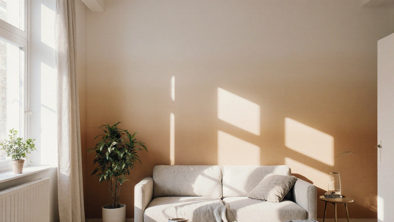 Malá místnost s ombré stěnou v teplých béžových odstínech, která zvětšuje dojem výšky.