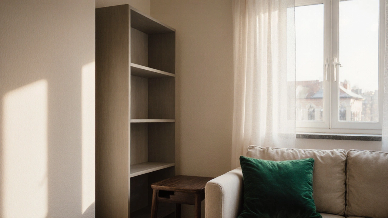 Malý prostor s tóny v tónu: světlé stěny, tmavý nábytek a jedna zelená akcentní polštář.