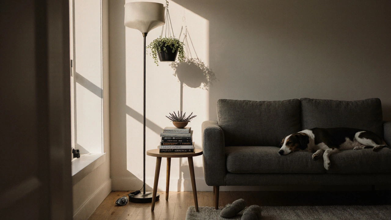 Minimalistický obývací pokoj s rostlinou, knihami a psem, kde je důraz na autenticitu a pohodlí.