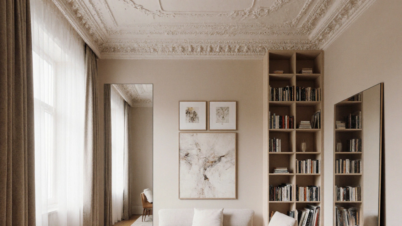 Minimální interiér s vertikální knihovnou, zrcadlem a galerií obrazů, vytvářející iluzi větší výšky.