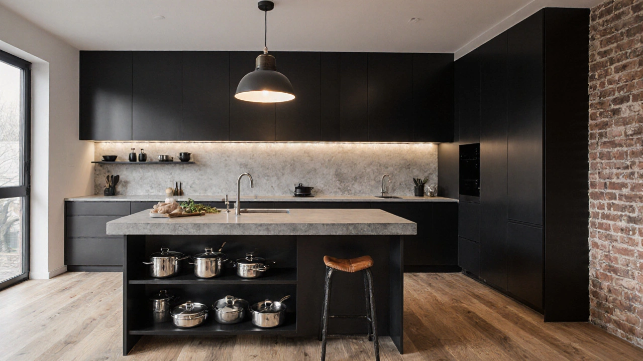 Mírně industrialistická kuchyně s teplým dřevem, kovem a cihlovým akcentem.