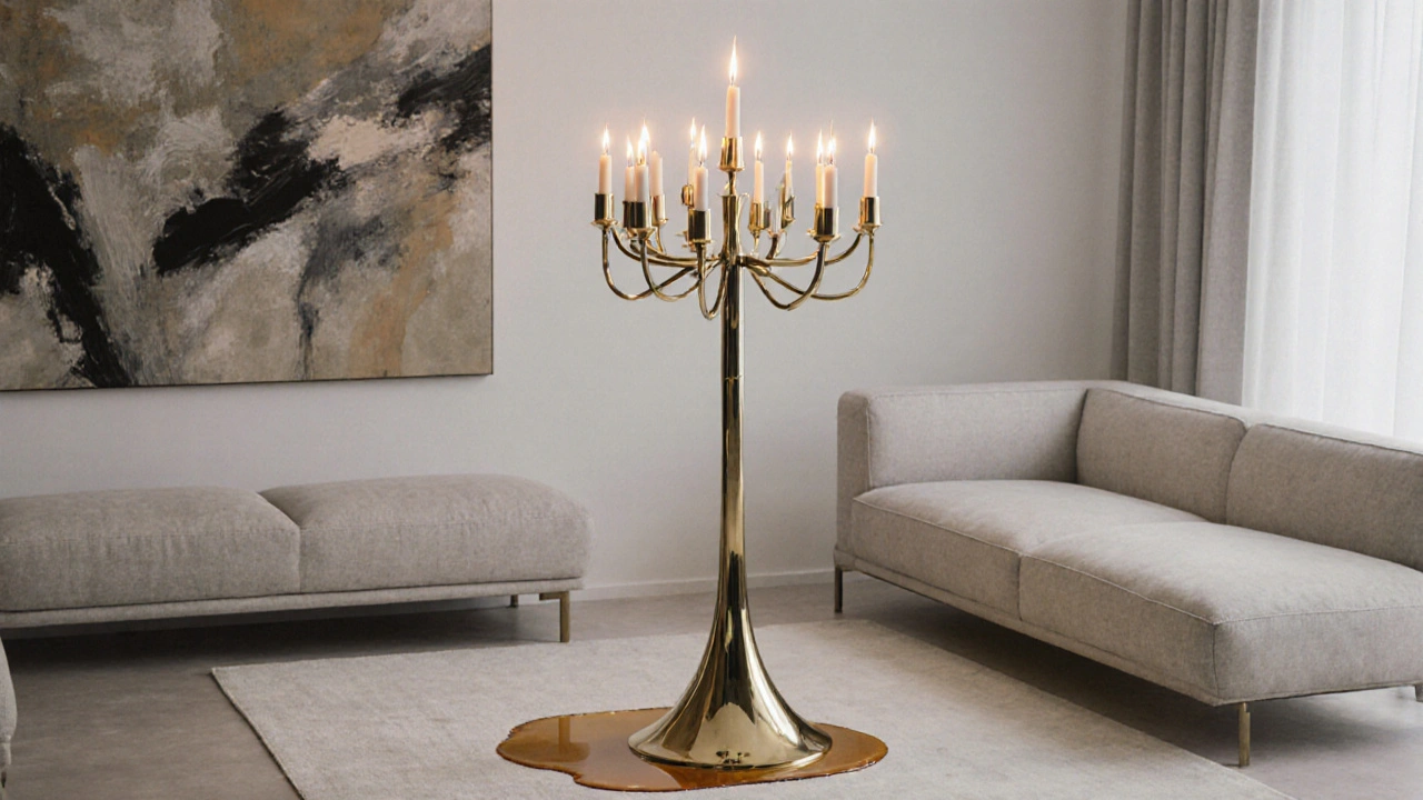 Moderní jedenáctiramenný mosazný svícen jako centrální dekorace v minima listickém interiéru.