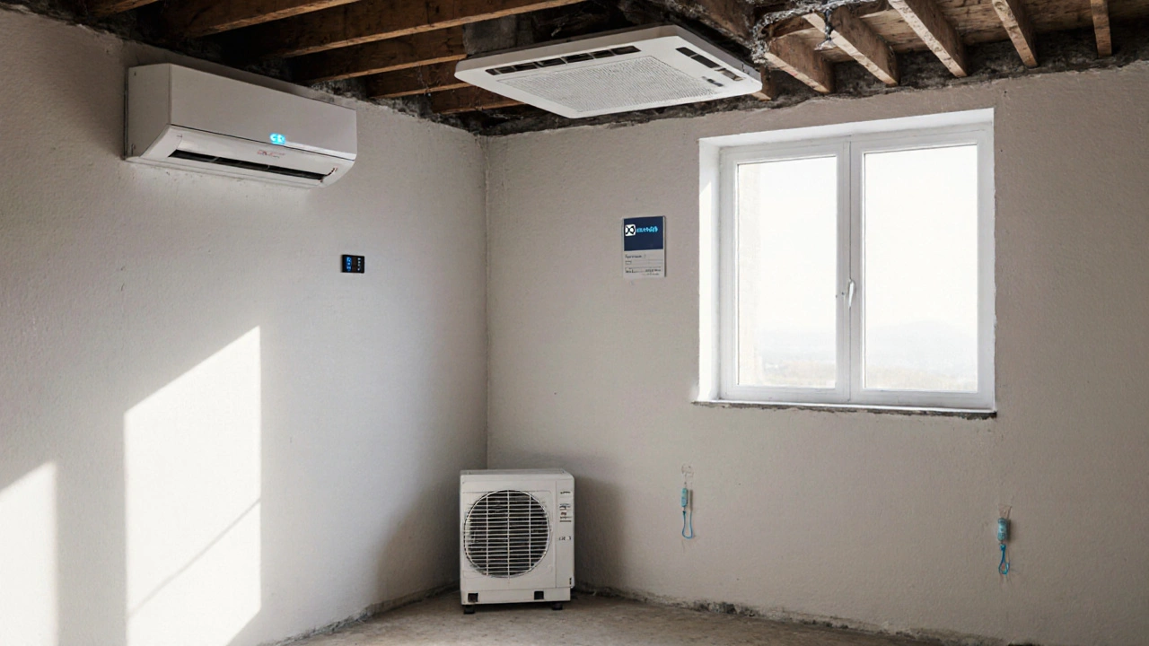 Moderní sklep po rekonstrukci s větracím systémem a odvlhčovačem, ukazující nízkou vlhkost.