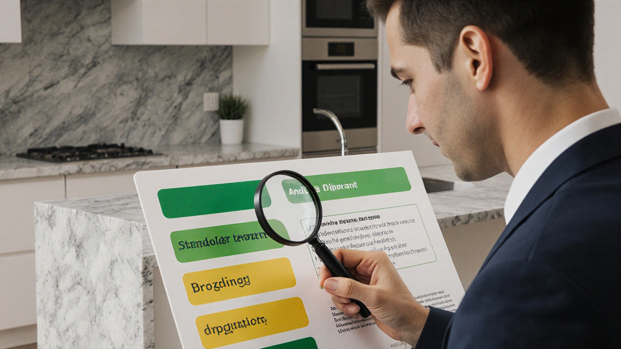 Návštěvník si prohlíží barevně označenou tabulku standardů ve vzorovém bytě v České republice.