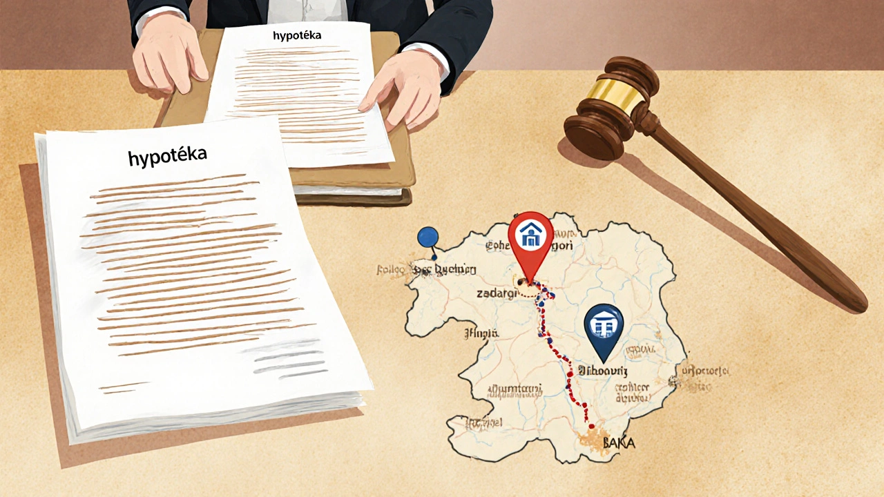 Notářský stůl s dokumenty o hypotéce a zástavě nemovitosti, mapa Česka s propojenými nemovitostmi.