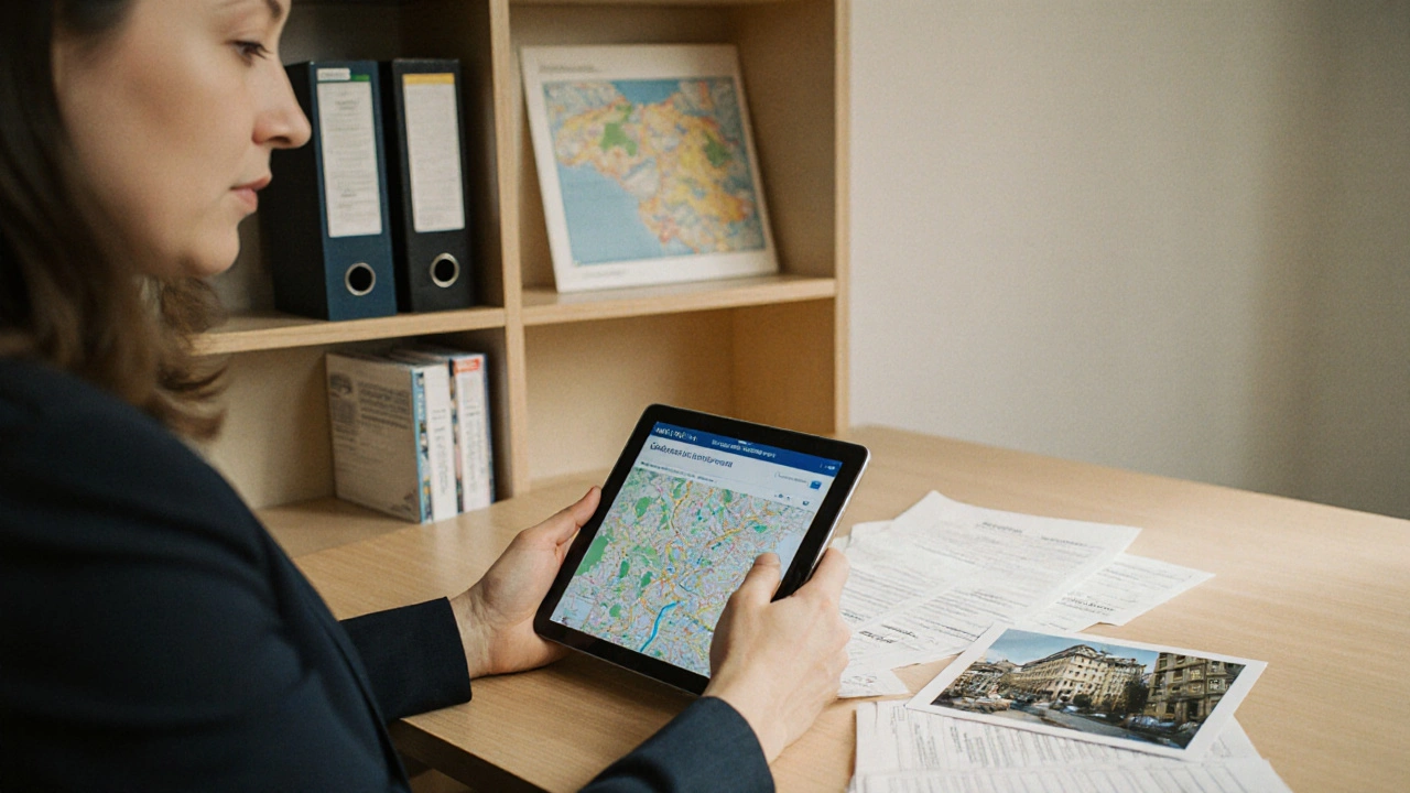 Odborník ukazuje klientovi digitální portál cenové mapy v úřadě s podpůrnými dokumenty