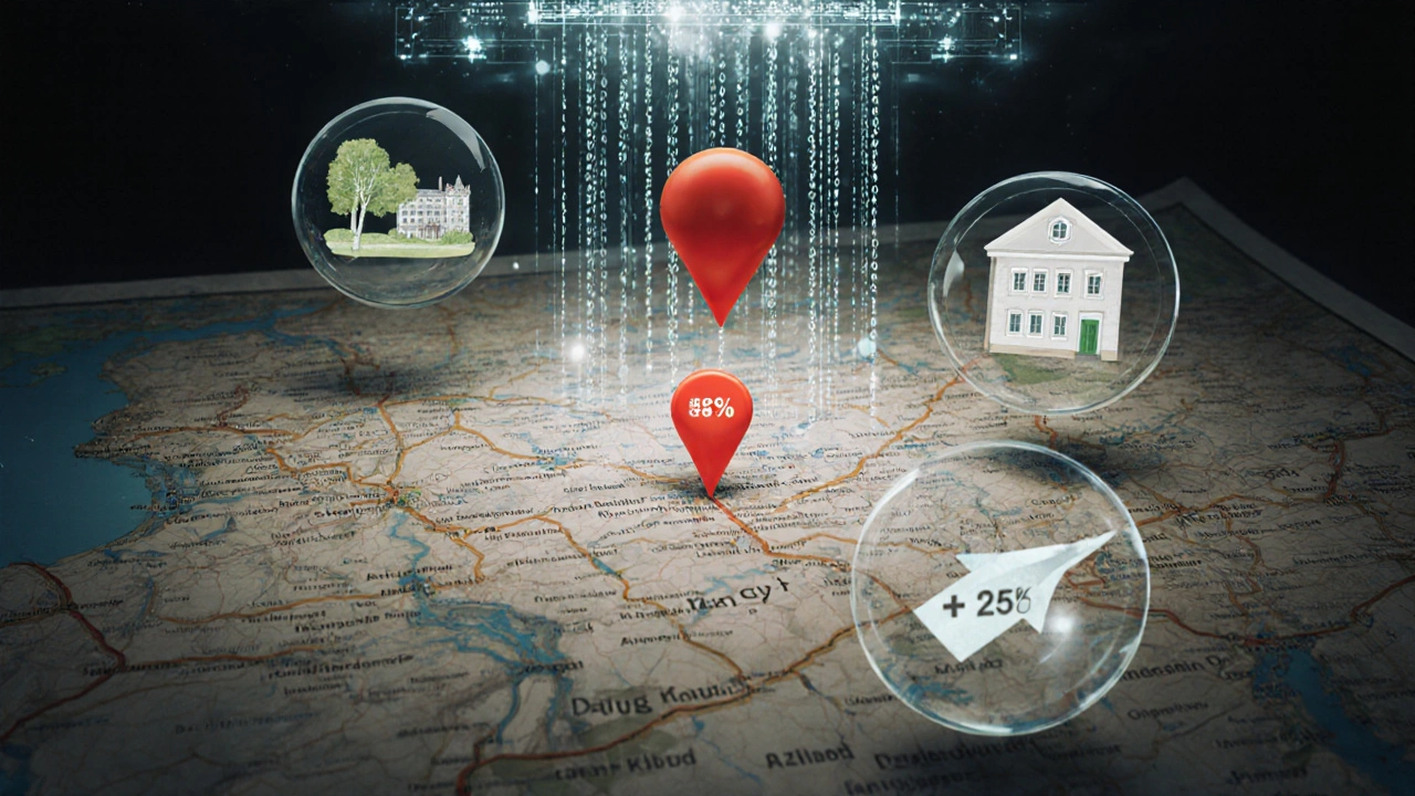 Oficiální cenová mapa ČR s červeným štítkem na Praze a vznikajícími ikonami výhod nemovitosti