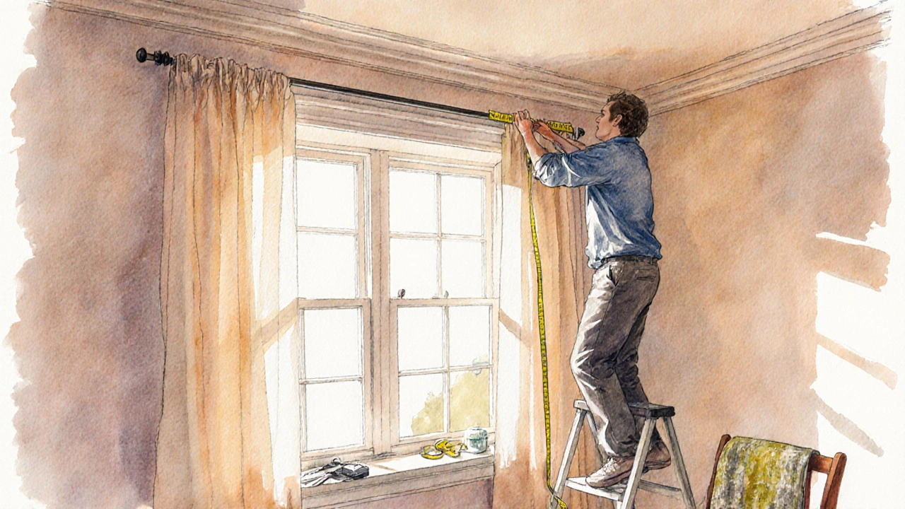 Osoba měří výšku závěsu od stropu k podlaze pomocí pásky, v pozadí viditelné okno a parapet.