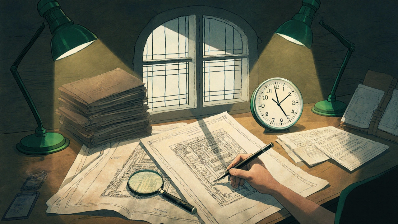 Památkový úřad s architektonickými výkresy a hodinami ukazujícími 8 měsíců čekání na schválení.