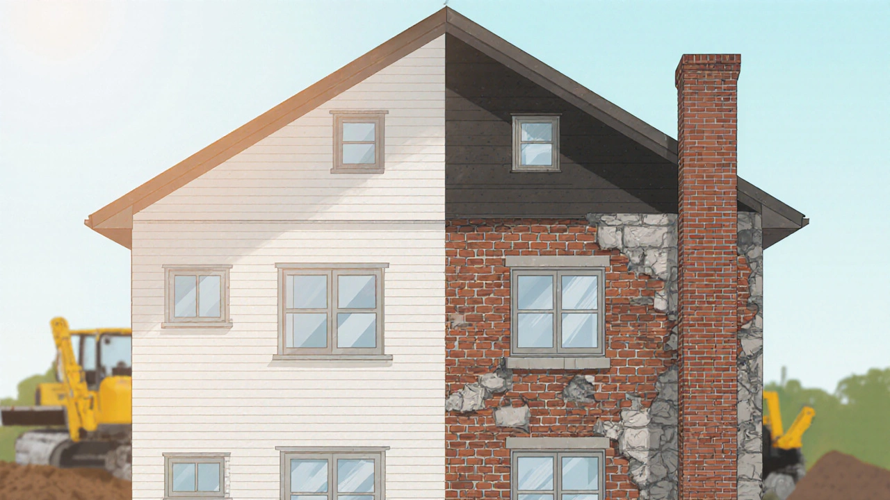 Porovnání kvalitně a špatně postaveného domu s viditelnými rozdíly v detailech.