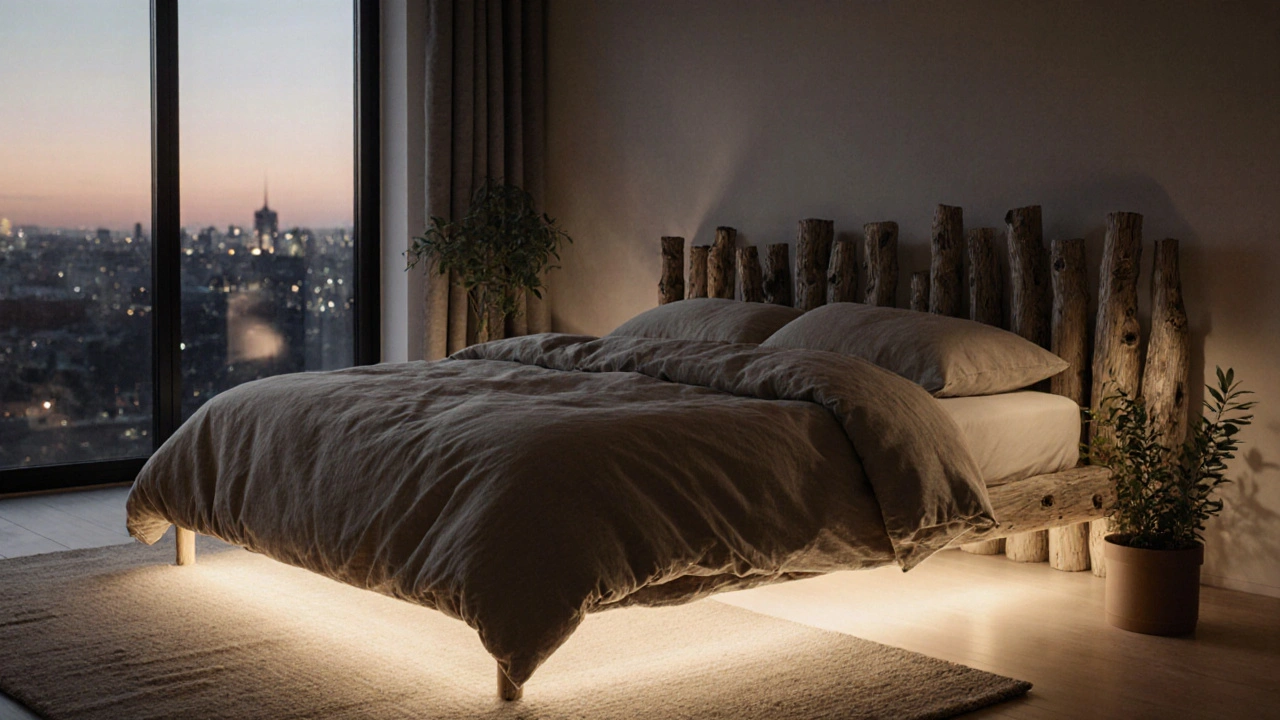 Postel s dřevěným rámem a lněným prádlem v teplých tónech, s jemným podsvícením a jednou rostlinou v klidné, minimalistické ložnici.