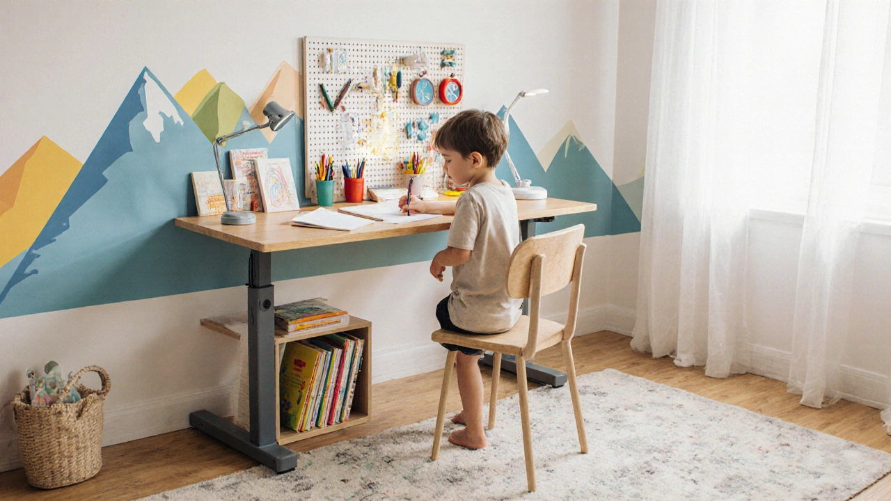 Pracovní zóna pro dítě s pravidelně uspořádanými knihami, kresbami a kvalitním osvětlením.